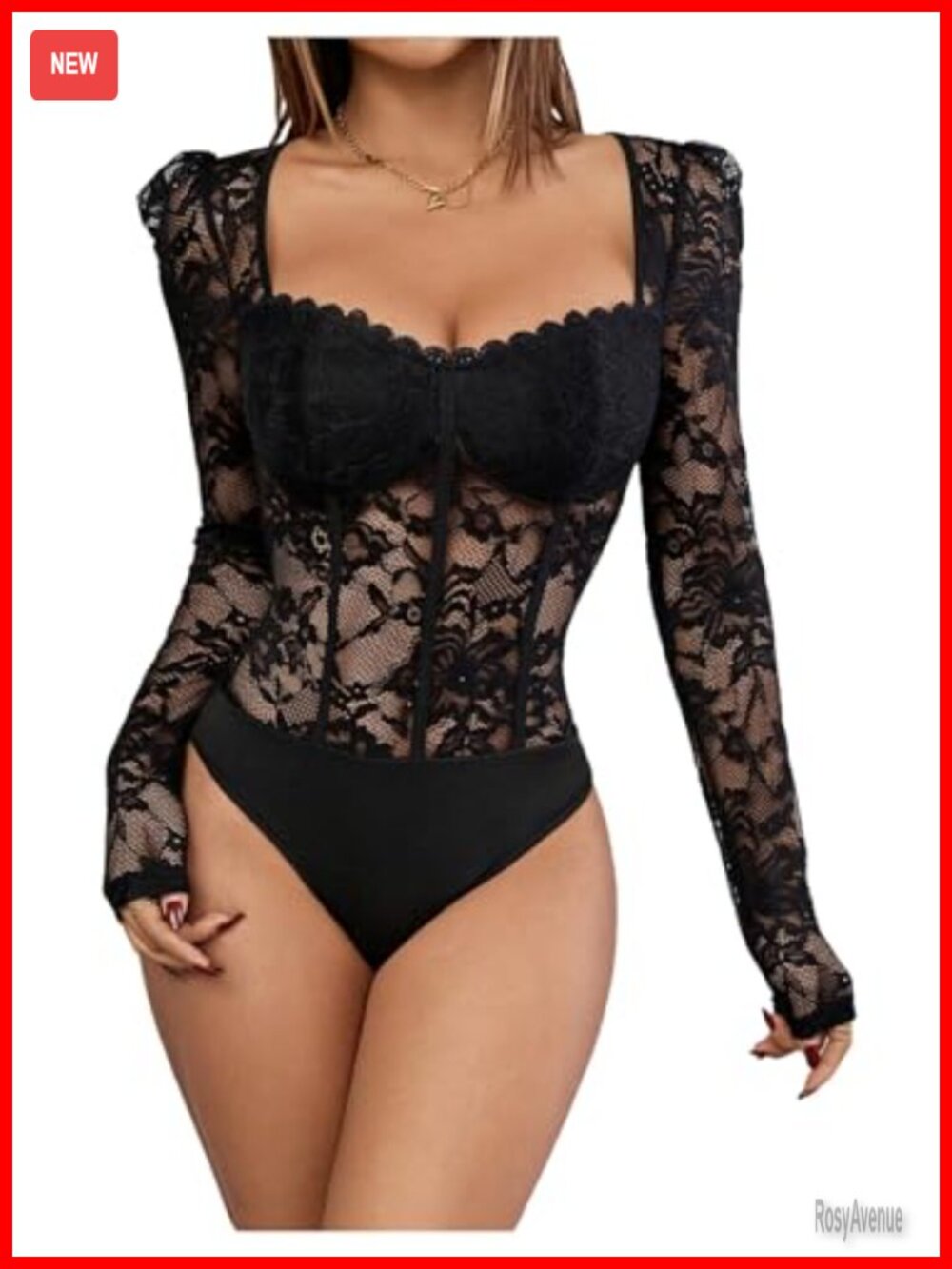 Floral Lace Long Sleeve V Neck Mesh Corset Bodysuit Leotard